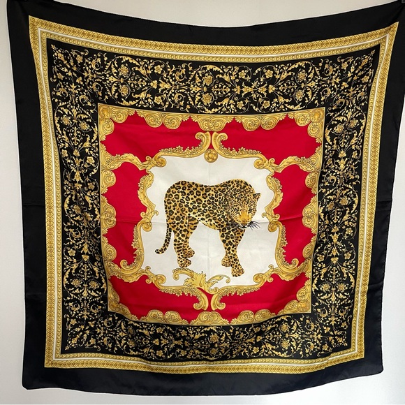 Vintage Made in Italy Leopard Print Scarf | Red Black Gold Baroque Square - Picture 2 of 7